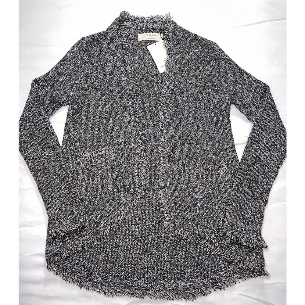 Zara Knit Cardigan Blazer Women Size Med Silver Metallic Thread Open Front NWT